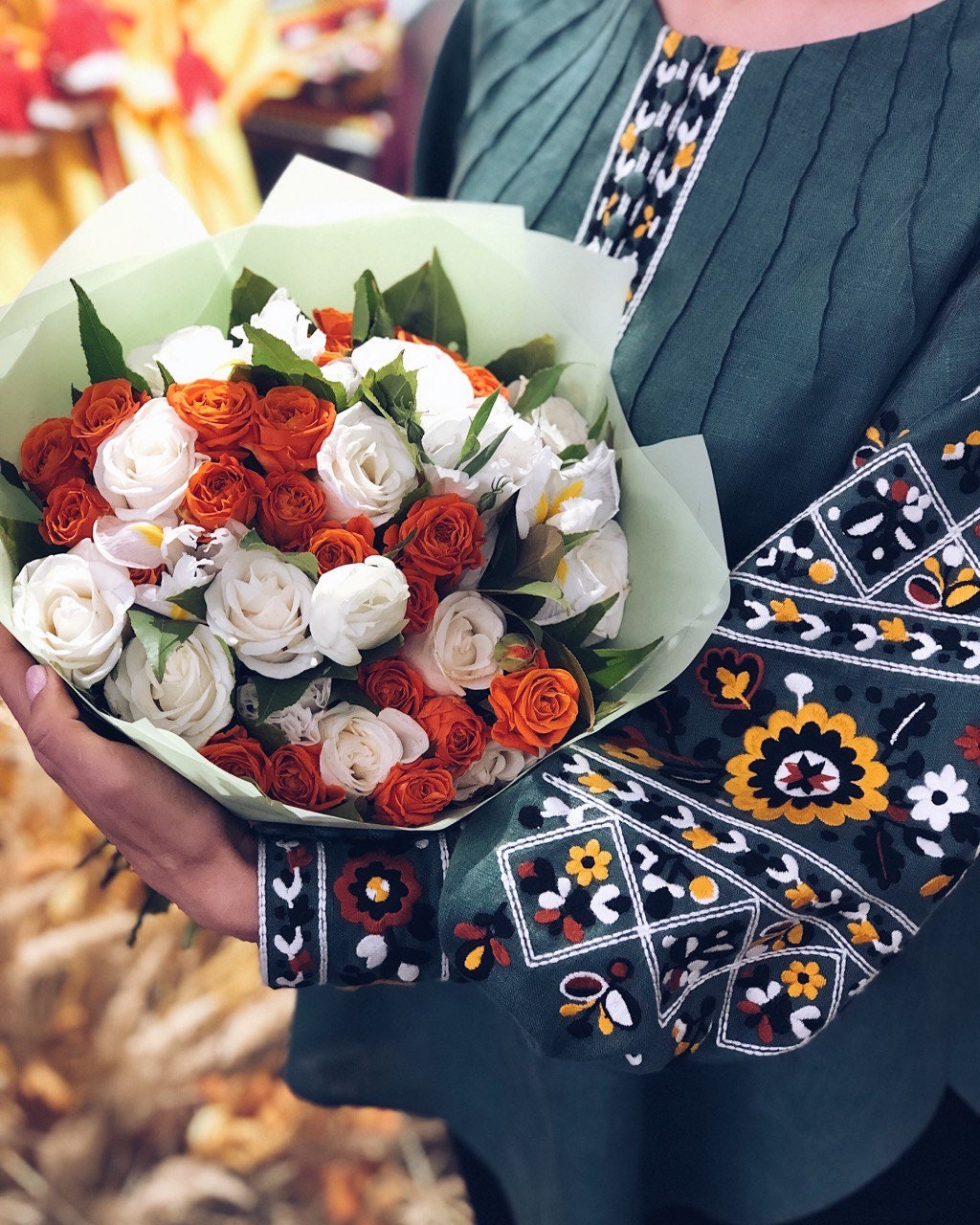 Ukrainian Vyshyvanka Green Embroidered Linen Blouse - Boho Women's Shirt