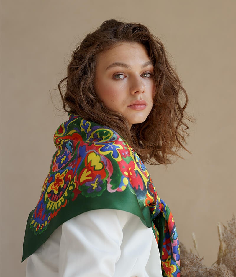 Bohemian 100% Silk Green Shawl - Ethnic Collection Hand-Painted Scarf