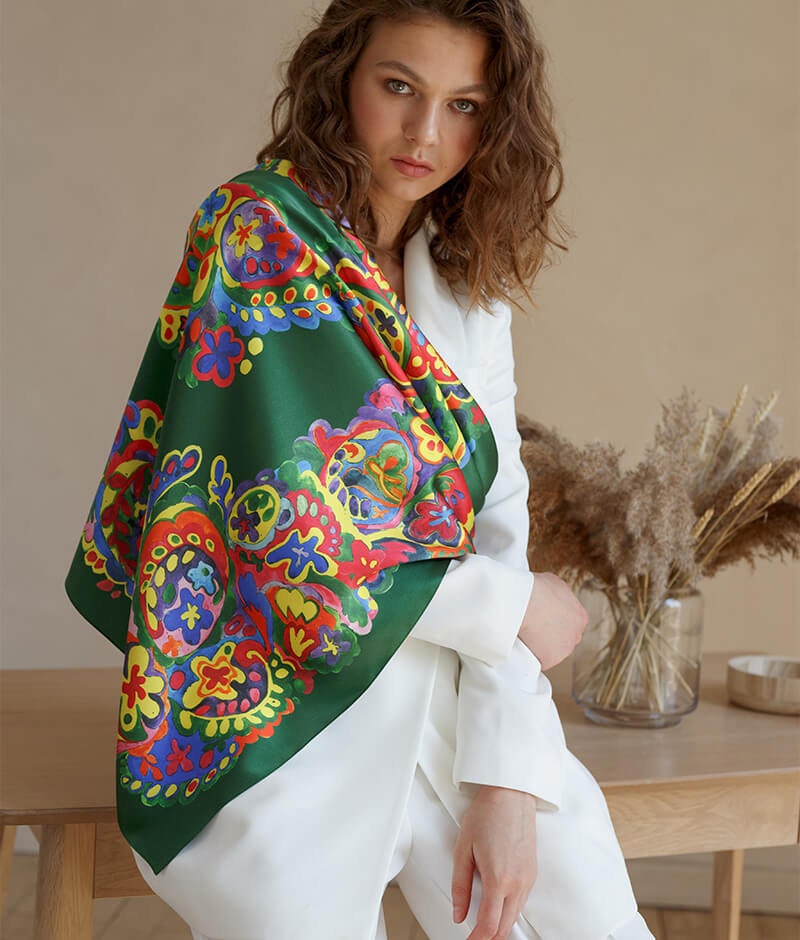 Bohemian 100% Silk Green Shawl - Ethnic Collection Hand-Painted Scarf