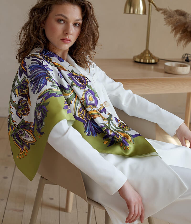 Bohemian 100% Silk Shawl - Artichoke Olive Collection, Hand-Painted