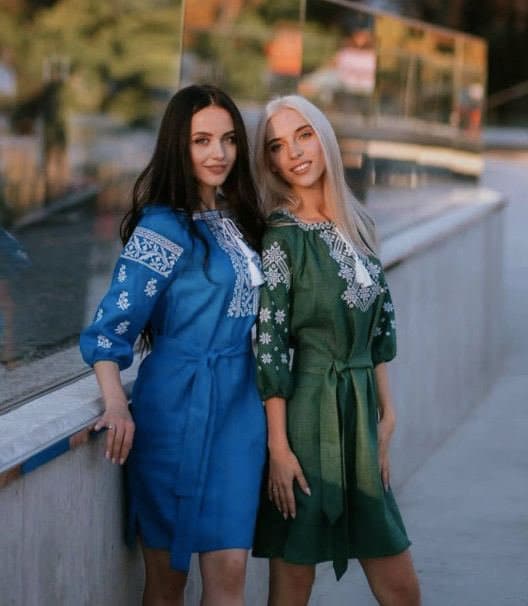 Mothers Day Green Linen Ukrainian Vyshyvanka Embroidered Dress for Women