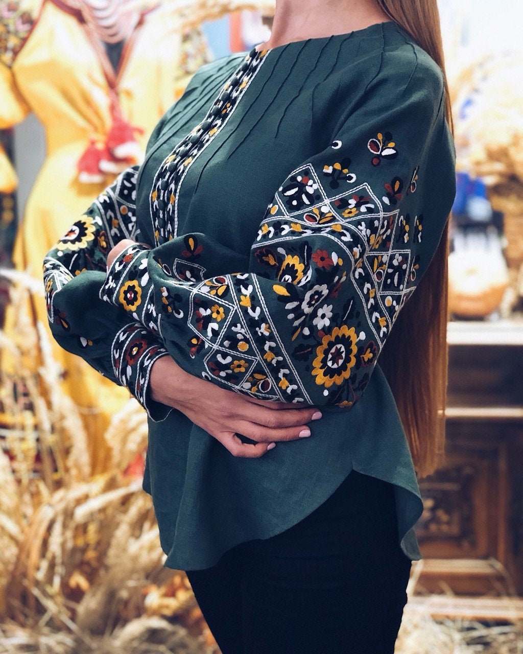 Ukrainian Vyshyvanka Green Embroidered Linen Blouse - Boho Women's Shirt