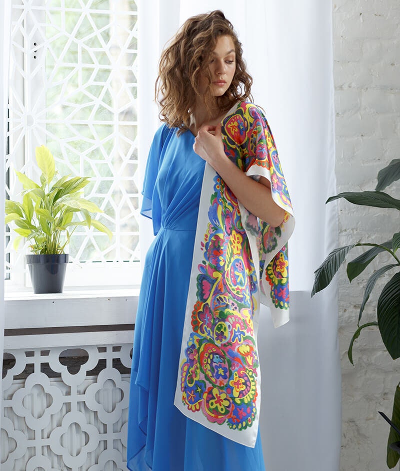 Bohemian 100% Silk Shawl - Hand-Painted Ethnic Collection Scarf