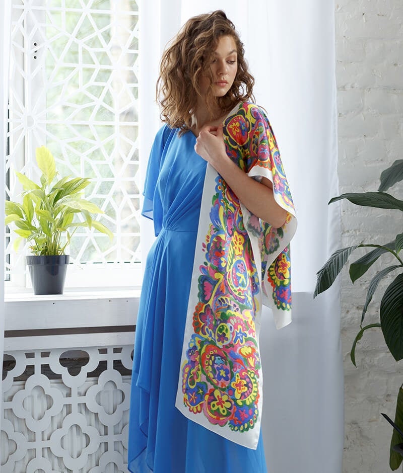 Bohemian 100% Silk Shawl - Hand-Painted Ethnic Collection Scarf