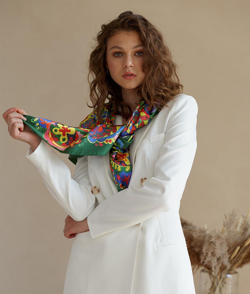 Bohemian 100% Silk Green Shawl - Ethnic Collection Hand-Painted Scarf