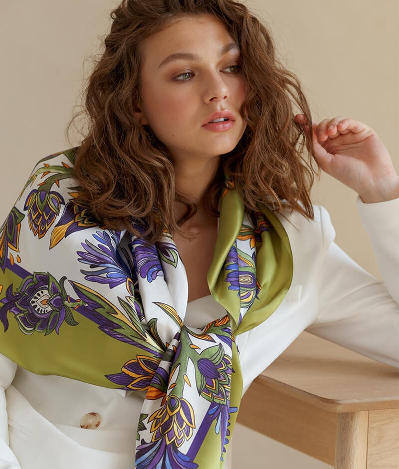 Bohemian 100% Silk Shawl - Artichoke Olive Collection, Hand-Painted