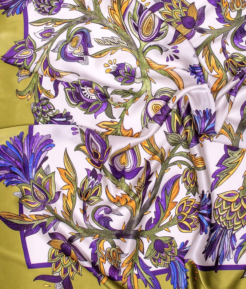Bohemian 100% Silk Shawl - Artichoke Olive Collection, Hand-Painted