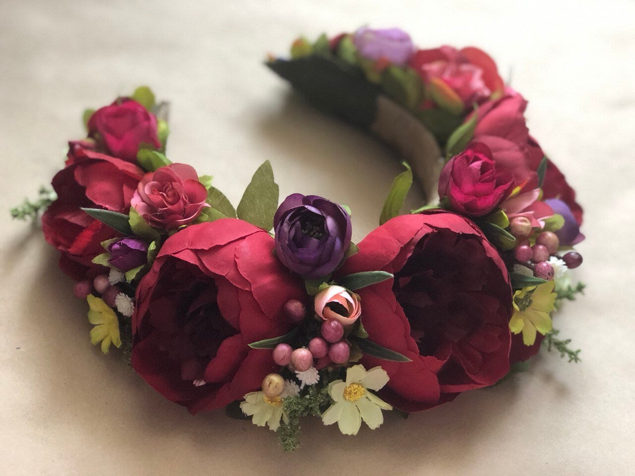 Colorful Flower Crown - Red & Deep Purple Floral Halo for Bridal & Boho Weddings