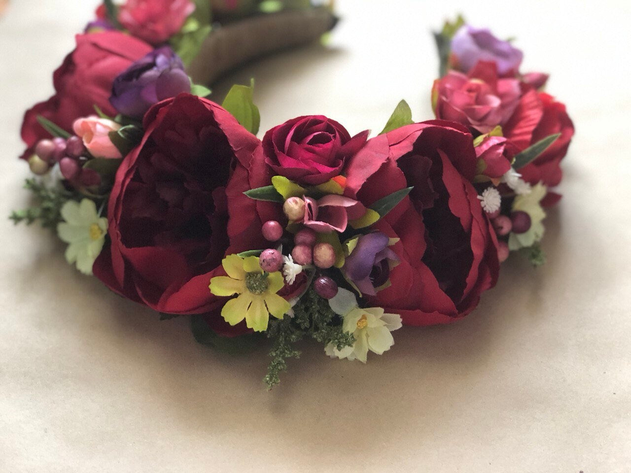 Colorful Flower Crown - Red & Deep Purple Floral Halo for Bridal & Boho Weddings