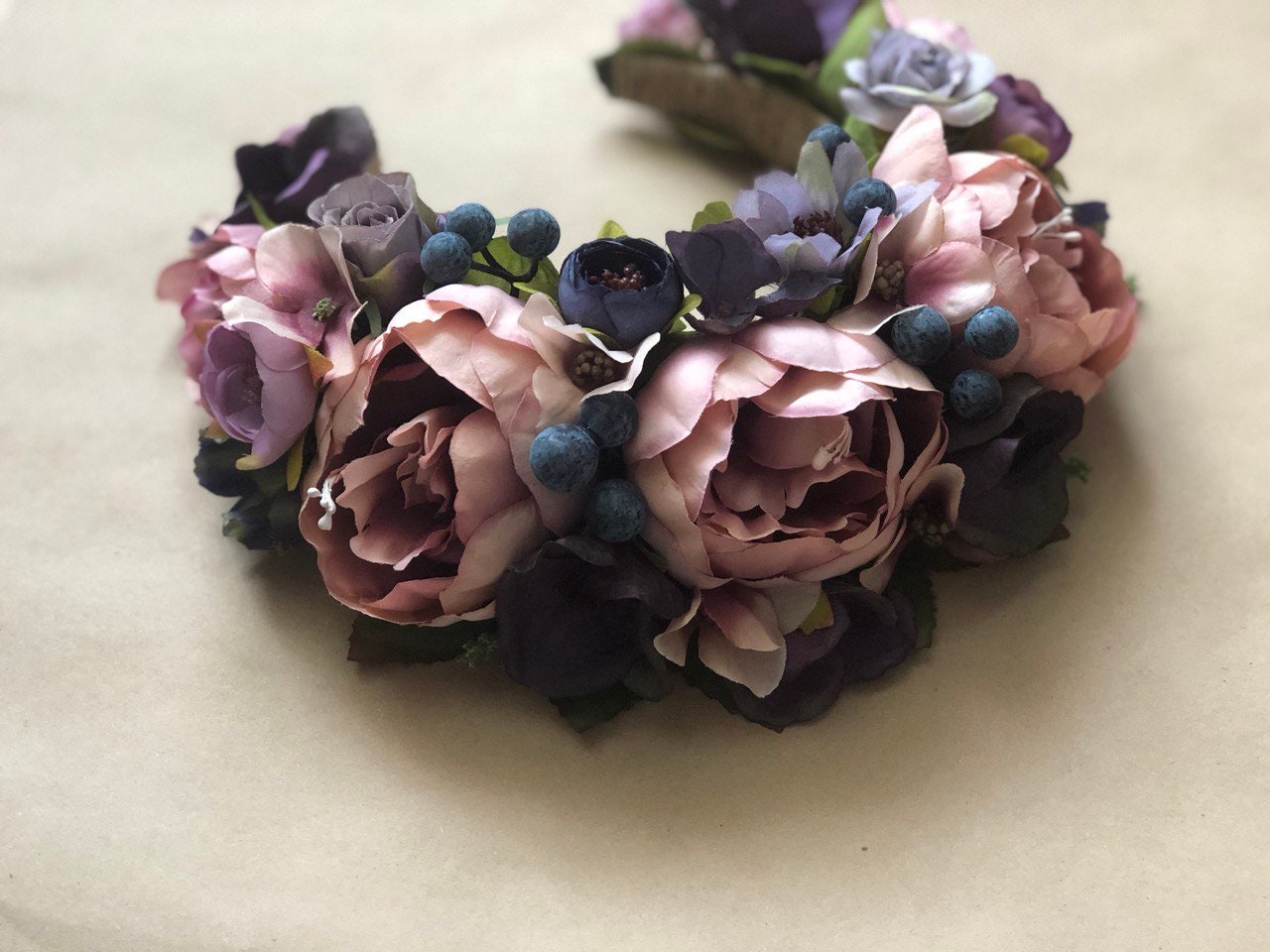 Colorful Floral Crown - Pink & Deep Purple Boho Wedding Halo Hair Wreath