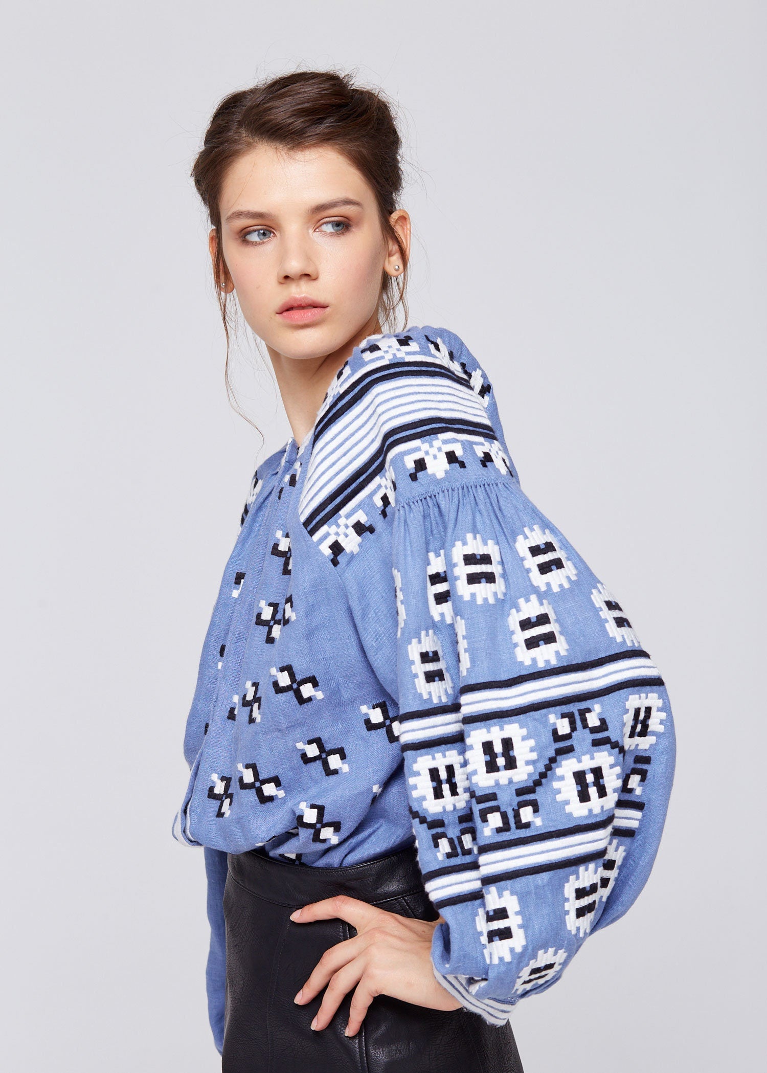 Blue Embroidered Ukrainian Vyshyvanka Blouse for Women