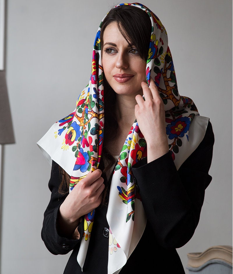 White Bohemian 100% Silk Ethnic Shawl - Hand Painted Scarf