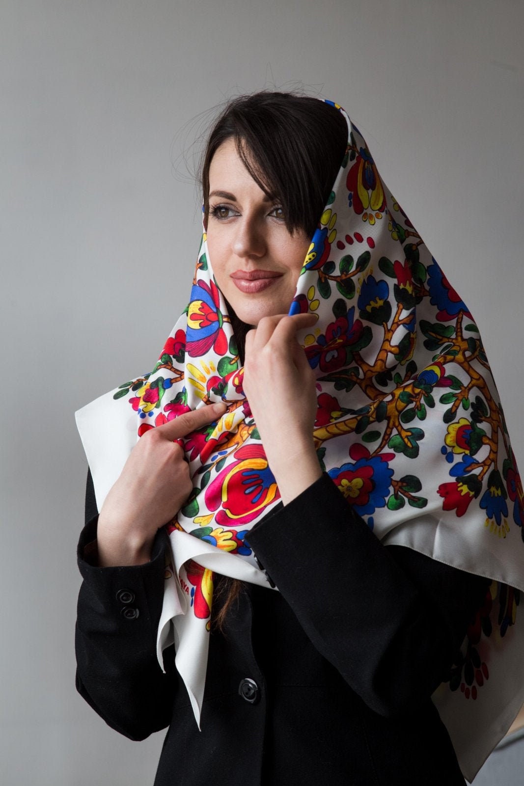 White Bohemian 100% Silk Ethnic Shawl - Hand Painted Scarf