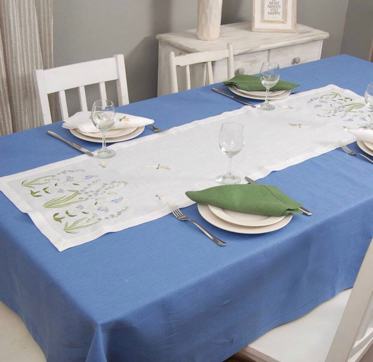 Linen Embroidered Lilies Tablecloth 90x40 CM - Ukrainian Easter Design