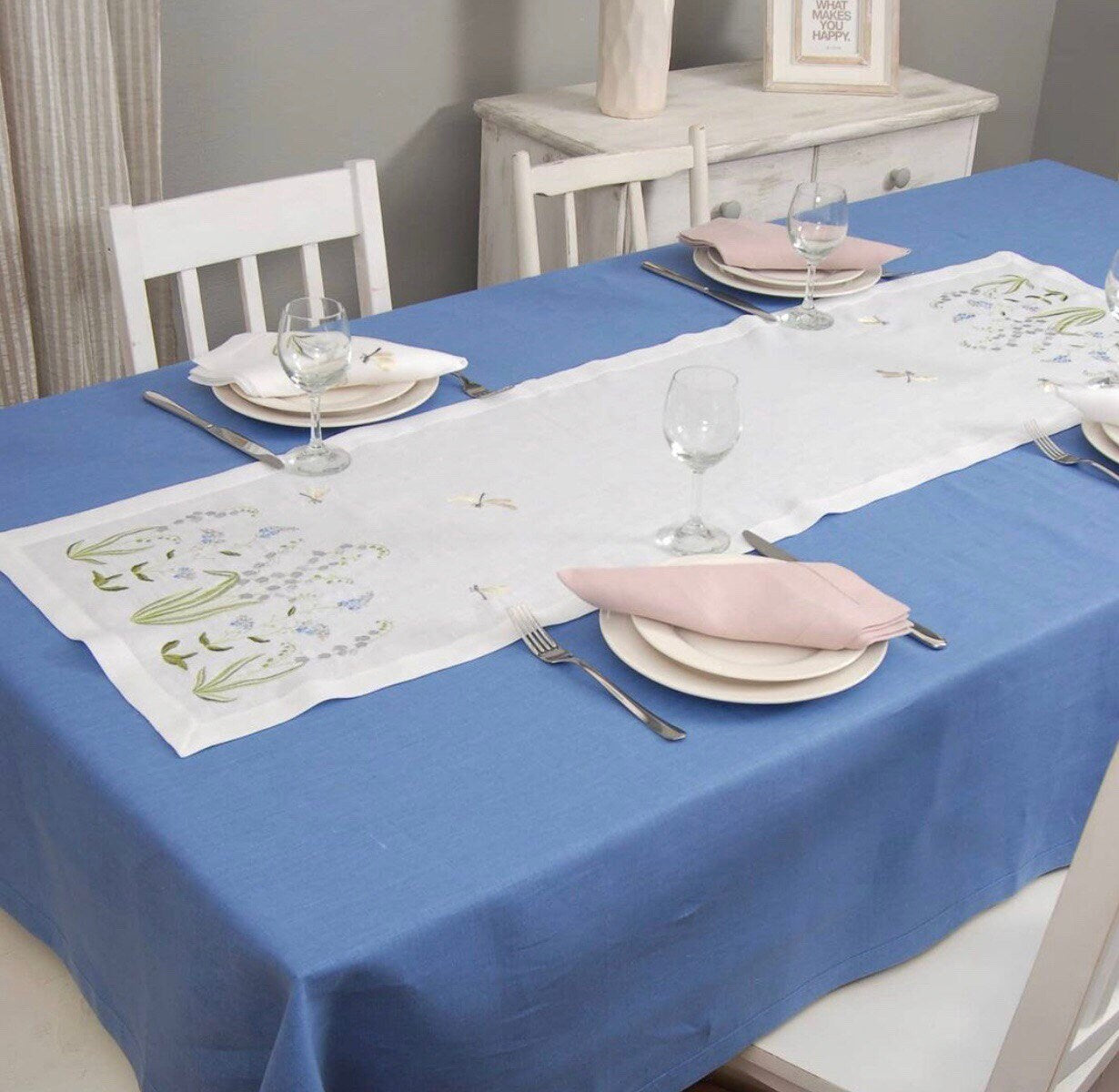 Linen Embroidered Lilies Tablecloth 90x40 CM - Ukrainian Easter Design