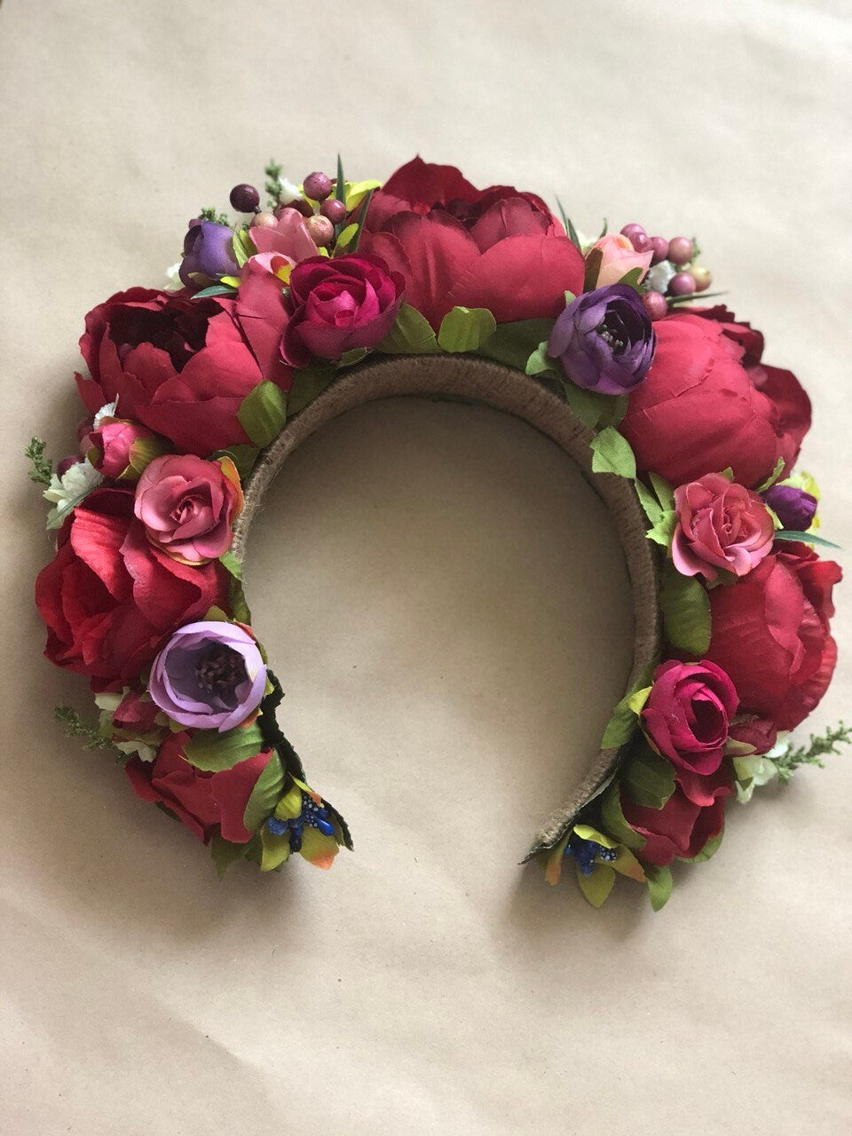 Colorful Flower Crown - Red & Deep Purple Floral Halo for Bridal & Boho Weddings