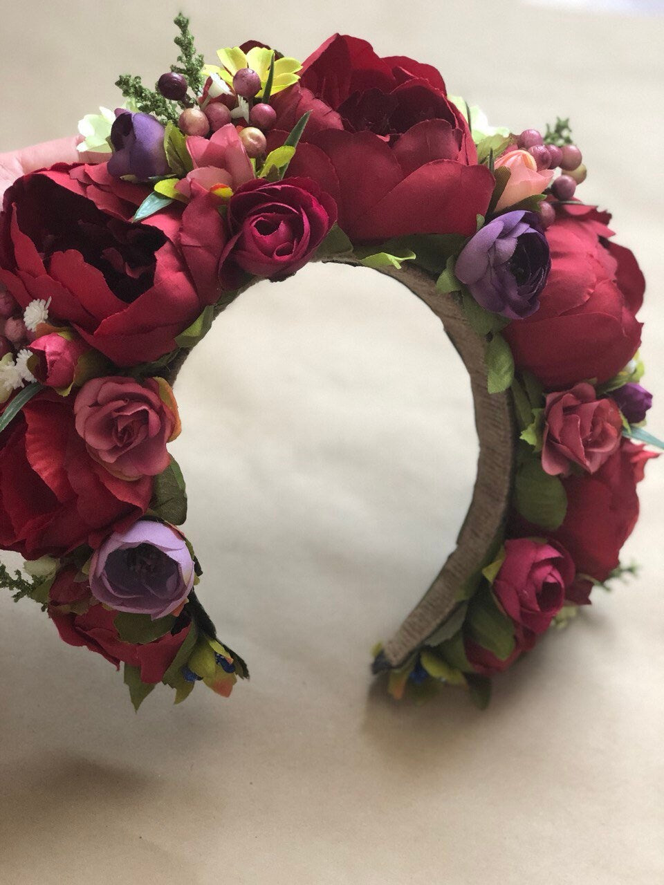 Colorful Flower Crown - Red & Deep Purple Floral Halo for Bridal & Boho Weddings