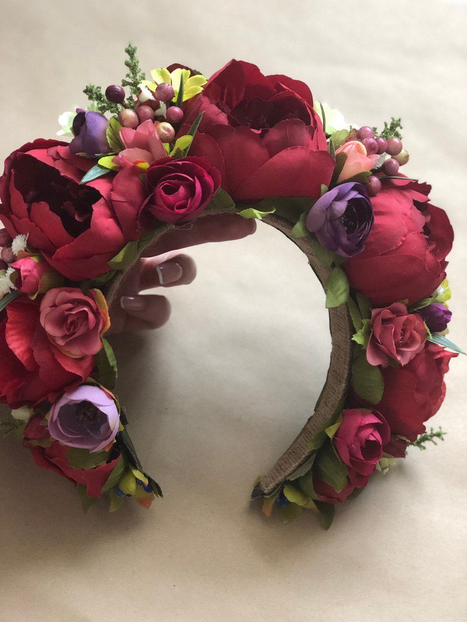 Colorful Flower Crown - Red & Deep Purple Floral Halo for Bridal & Boho Weddings