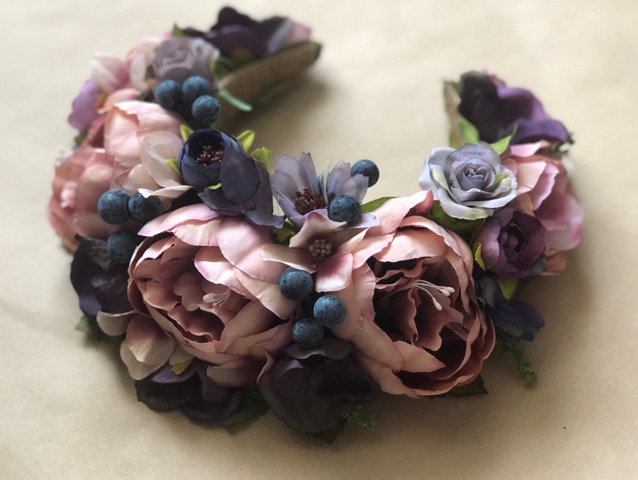 Colorful Floral Crown - Pink & Deep Purple Boho Wedding Halo Hair Wreath