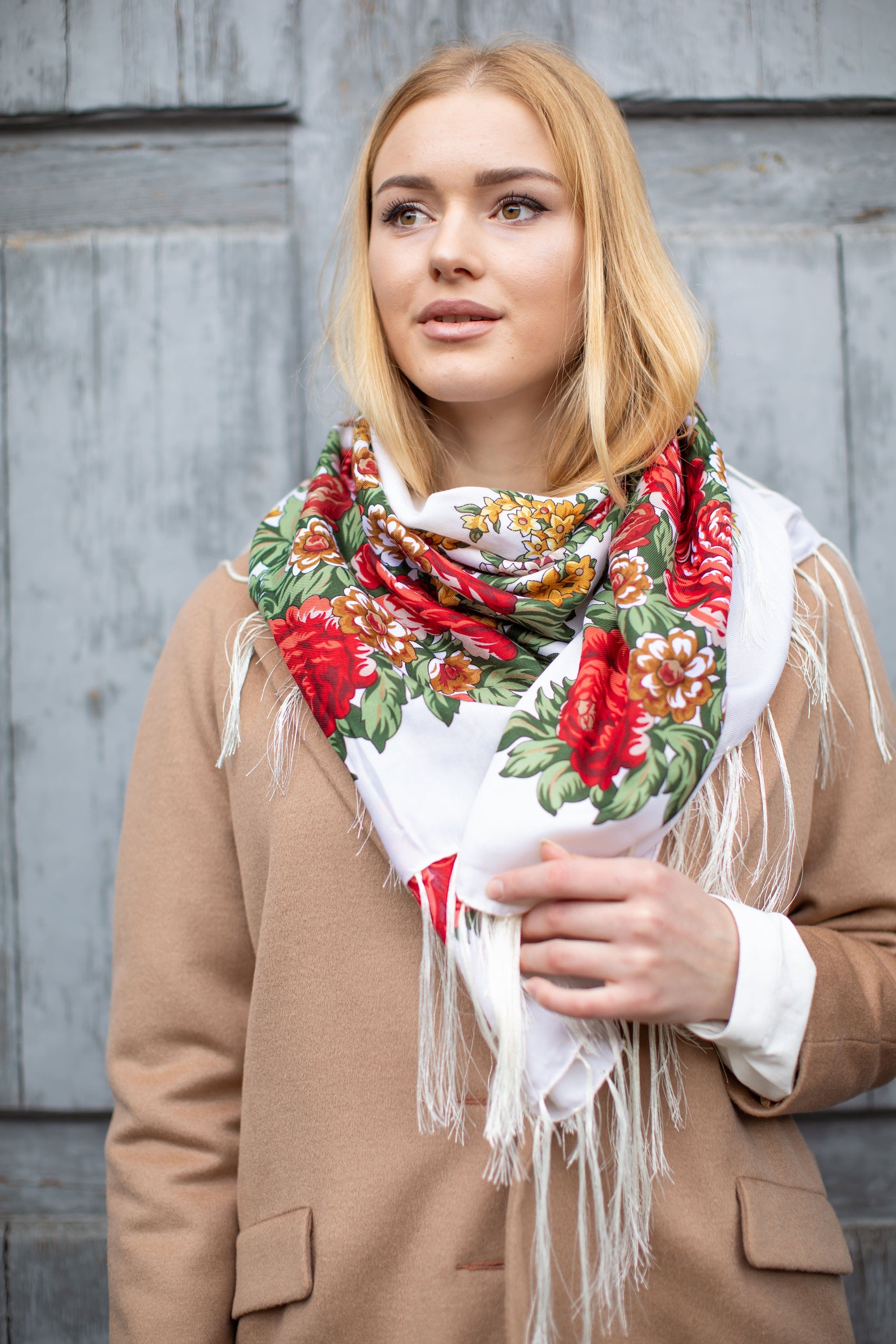 Ukrainian 80% Wool Shawl - Traditional Floral Scarf for Women