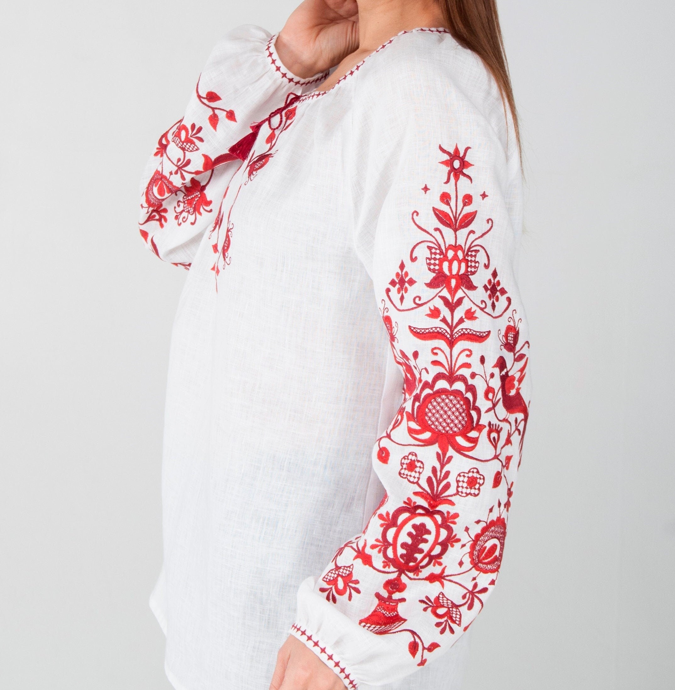 Embroidered Ukrainian Vyshyvanka Blouse - Tree of Life White Linen Shirt for Women