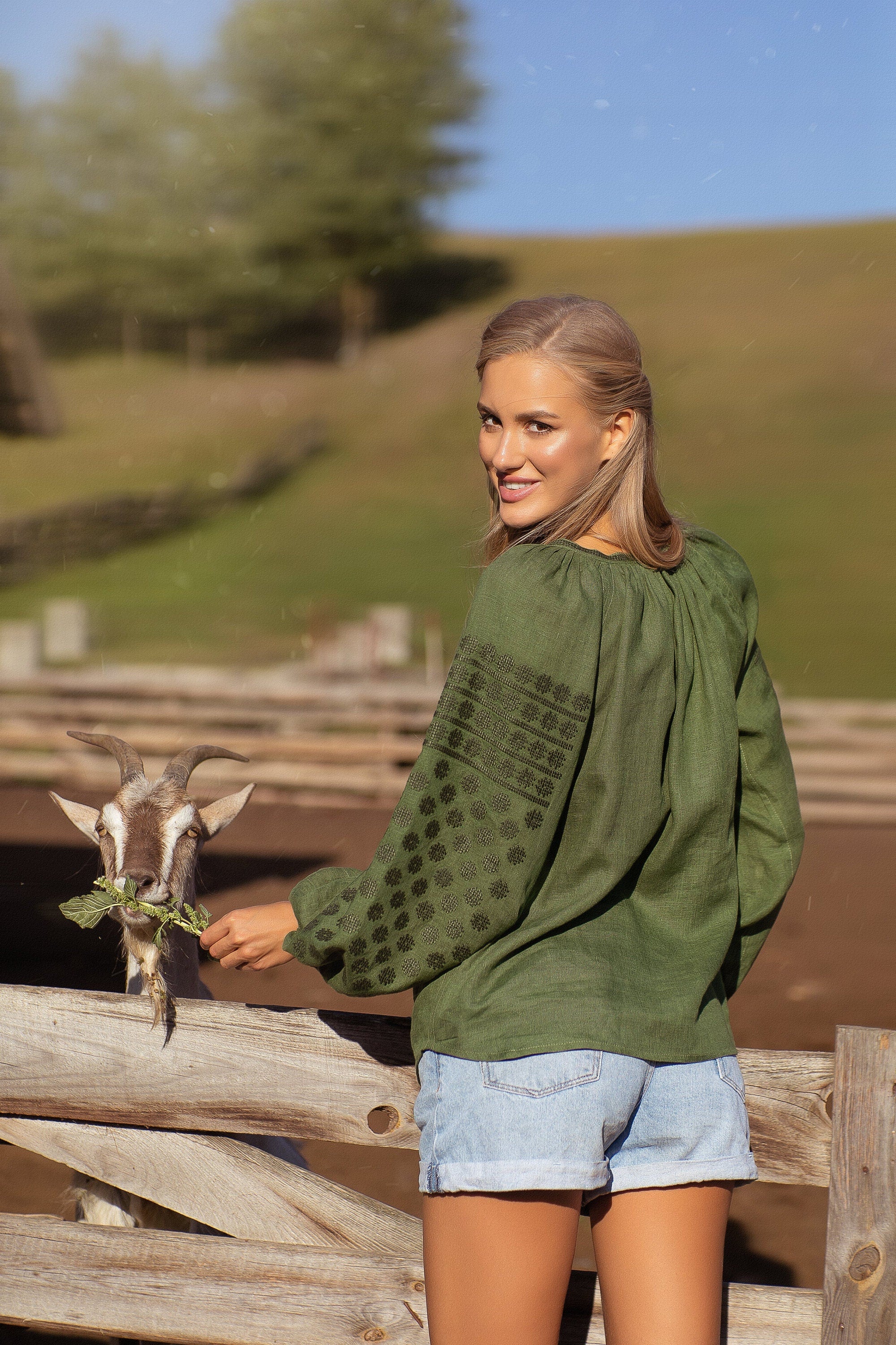 Green Linen Embroidered Ukrainian Vyshyvanka Blouse for Women