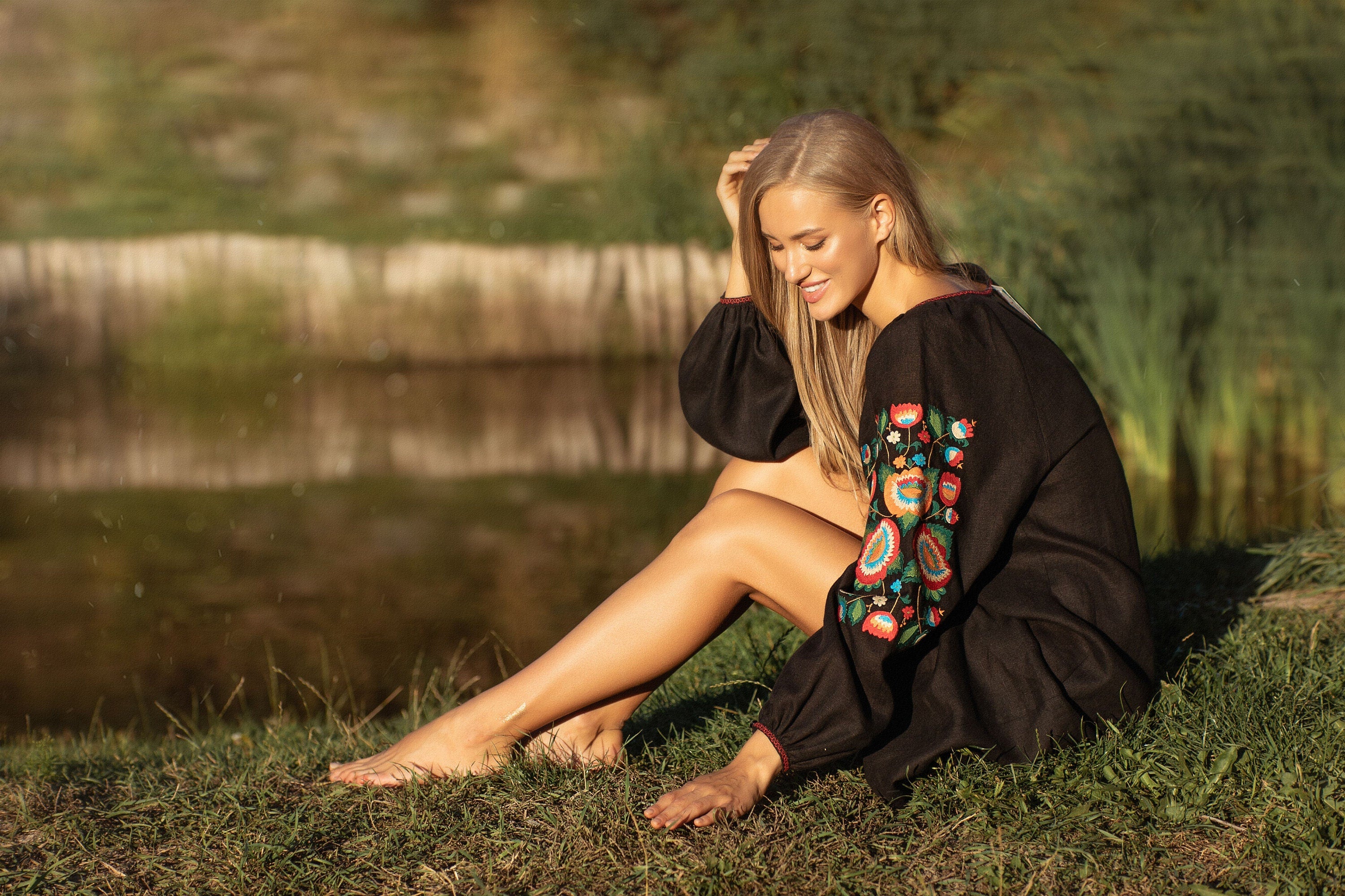 Ukrainian Vyshyvanka Linen Dress - Black Embroidered Folk Wear for Women