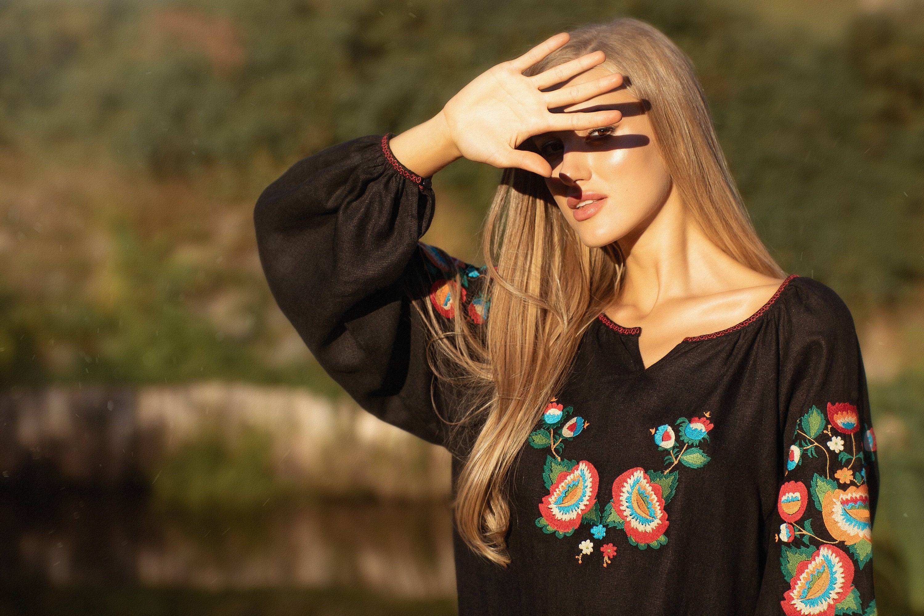 Ukrainian Vyshyvanka Linen Dress - Black Embroidered Folk Wear for Women