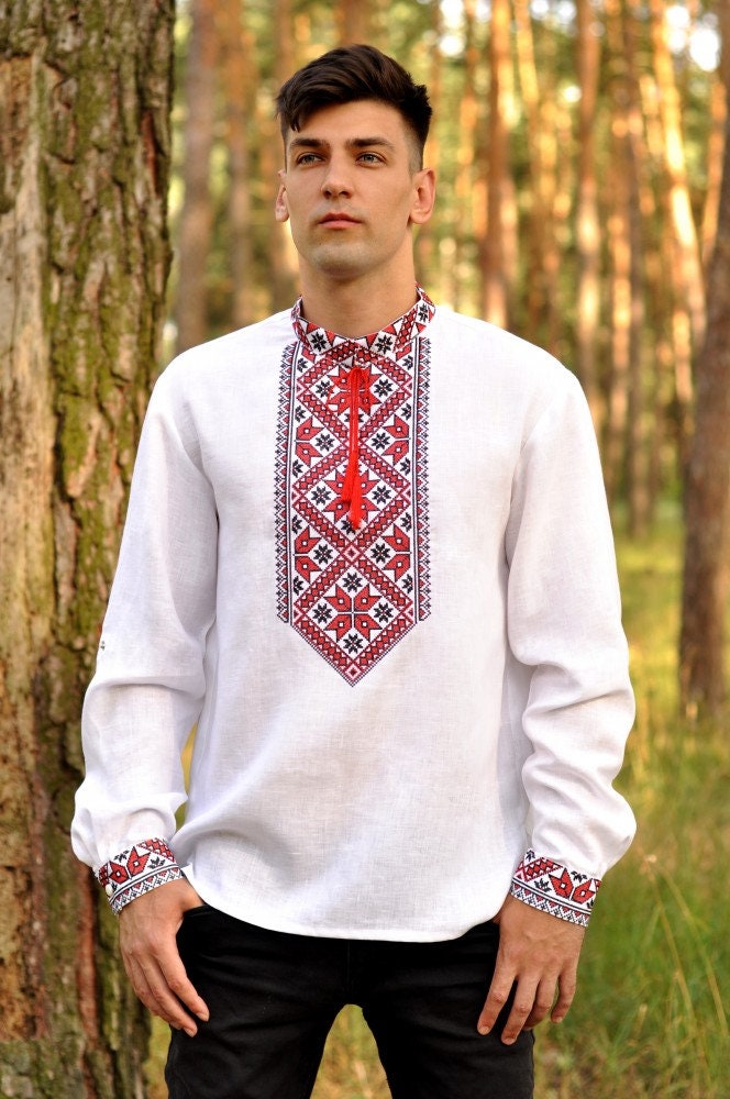 Ukrainian Vyshyvanka Men's Embroidered Shirt with Red and Black Design