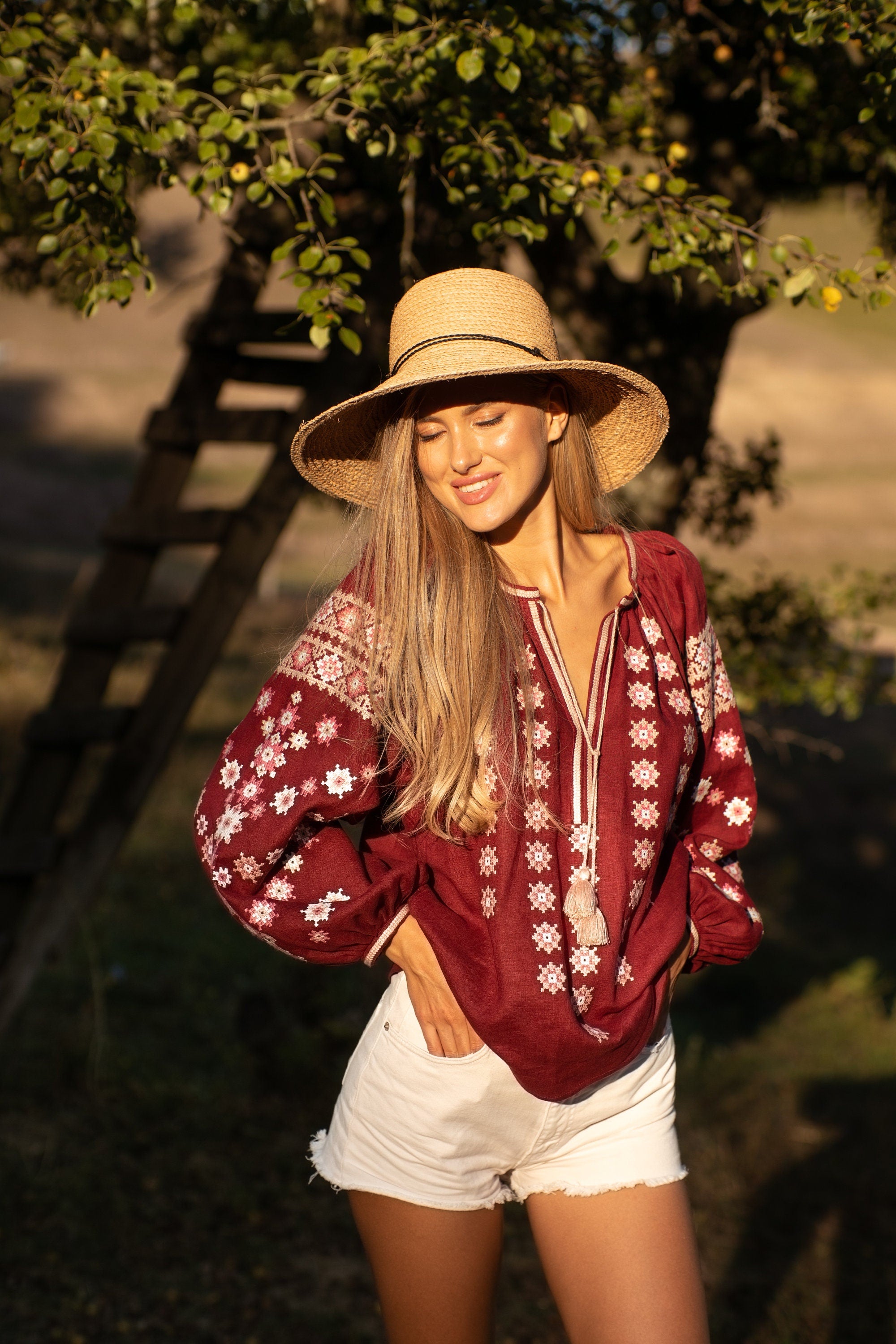 Red Linen Ukrainian Vyshyvanka Blouse - Embroidered Women's Top