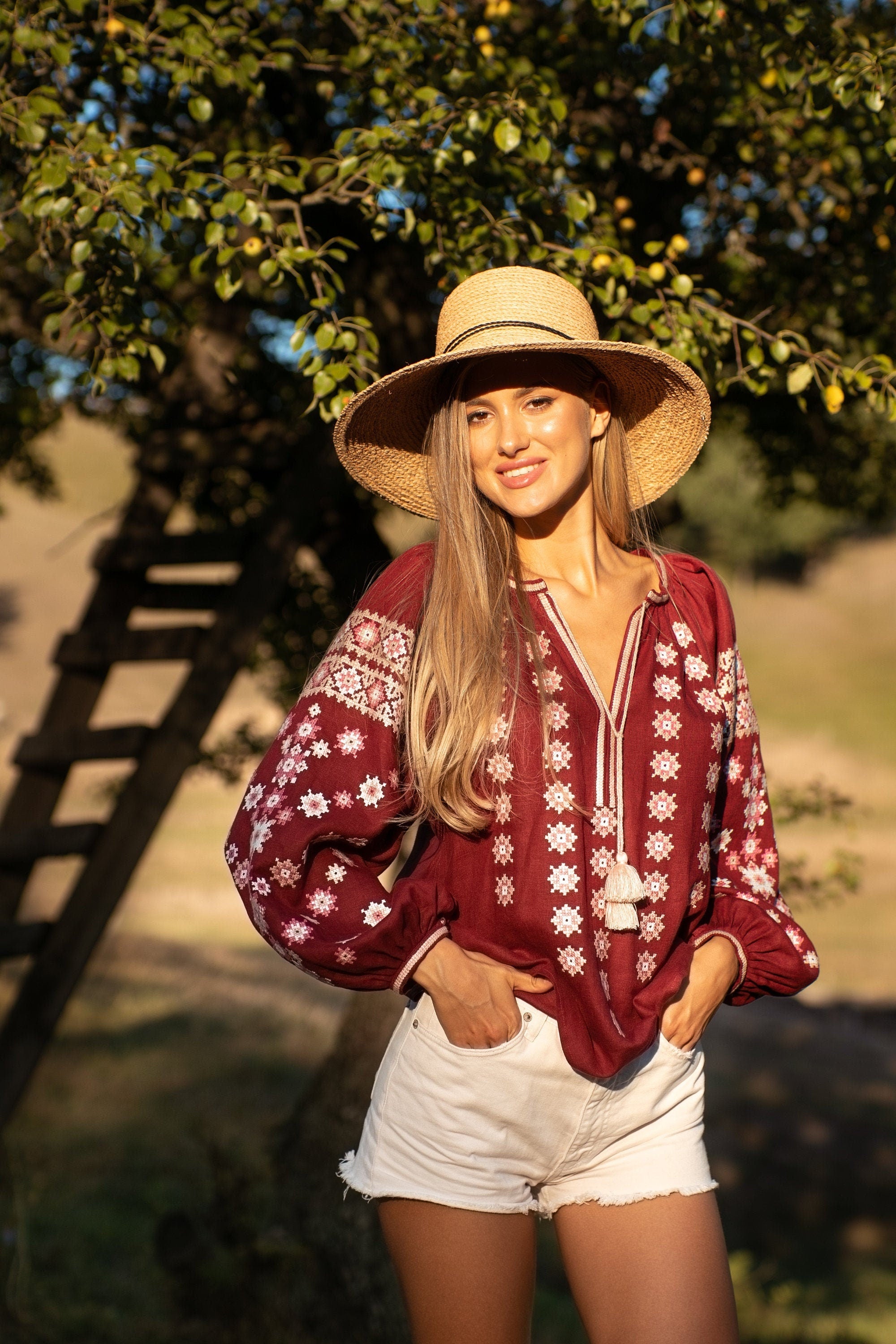 Red Linen Ukrainian Vyshyvanka Blouse - Embroidered Women's Top