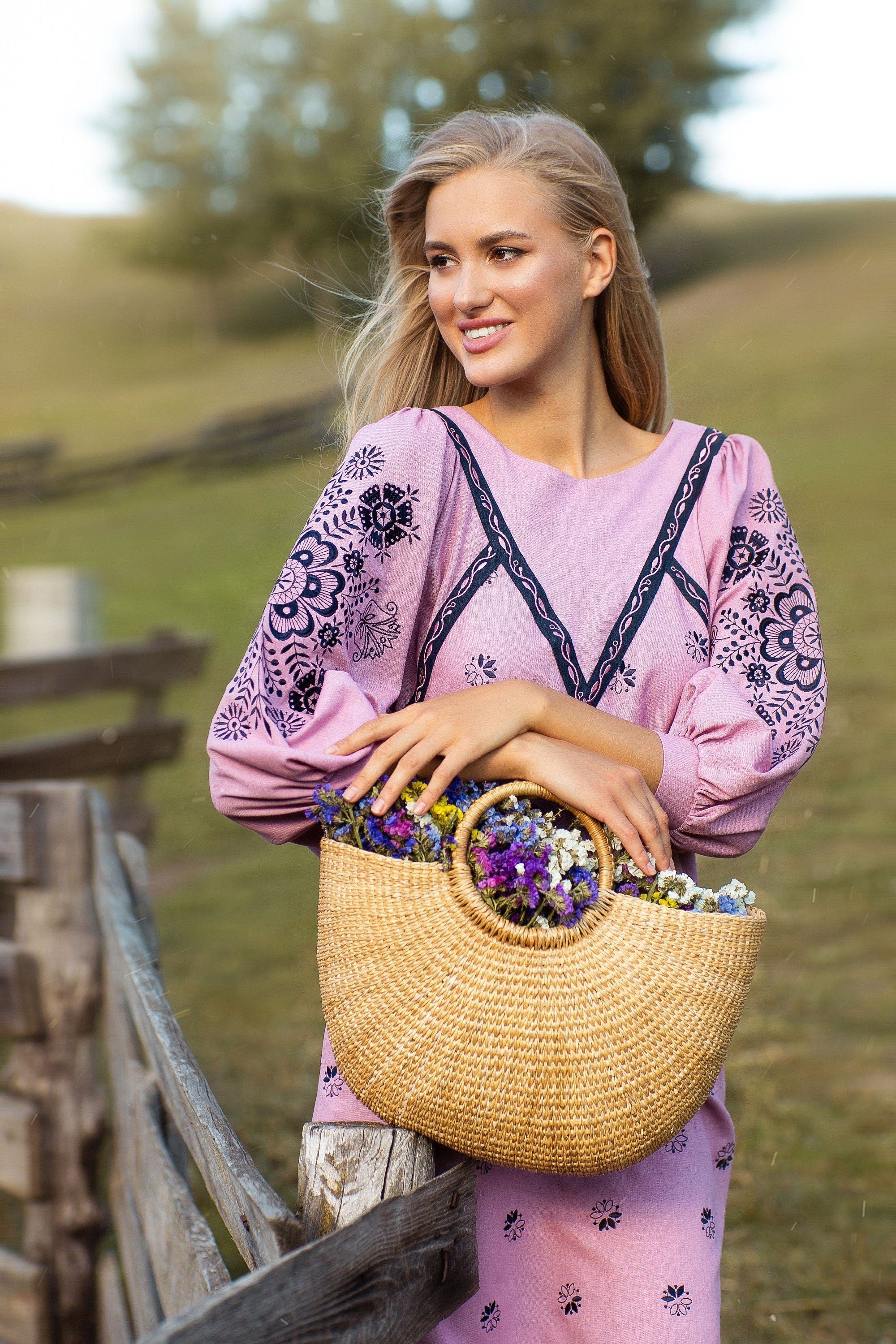 Embroidered Pink Linen Ukrainian Vyshyvanka Dress for Women