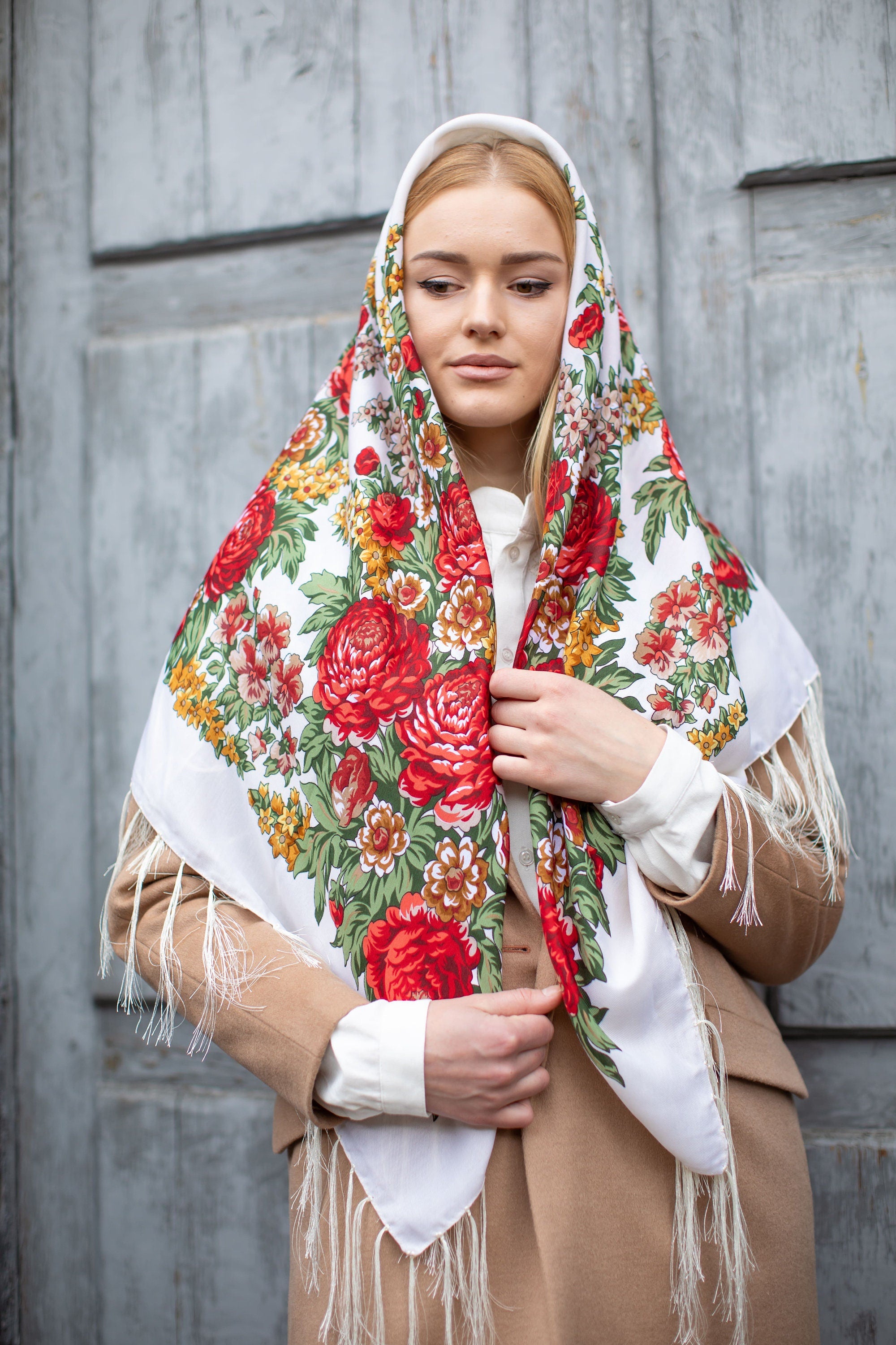 Ukrainian 80% Wool Shawl - Traditional Floral Scarf for Women
