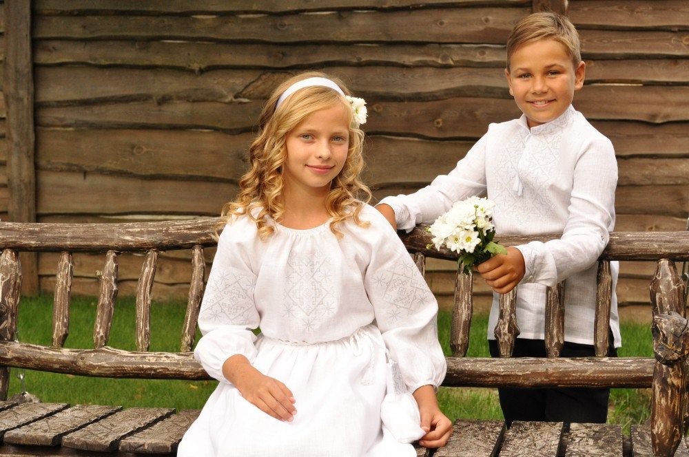 Embroidered White Linen Dress for Girls - Festive Children's Outfit