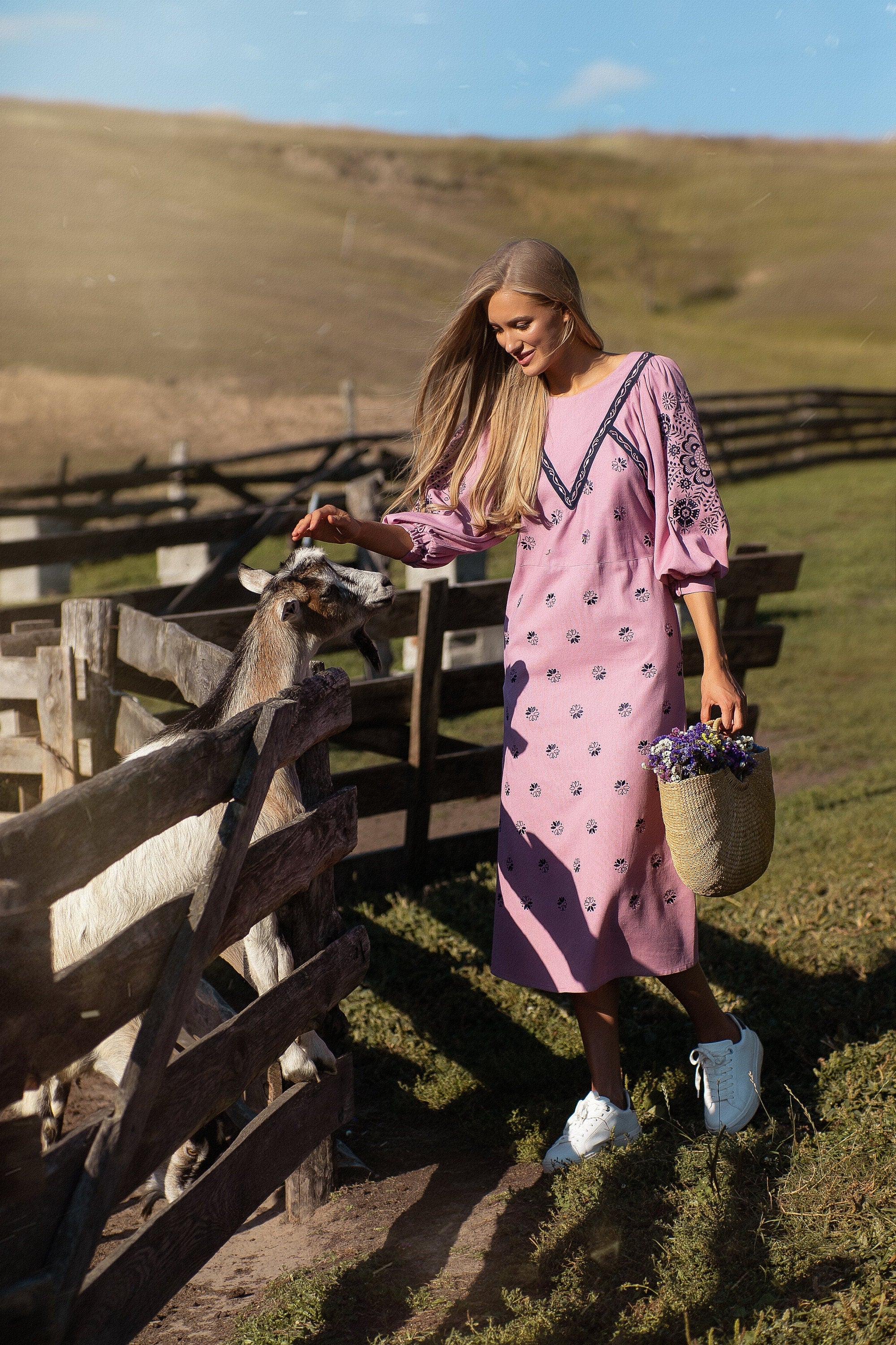 Embroidered Pink Linen Ukrainian Vyshyvanka Dress for Women