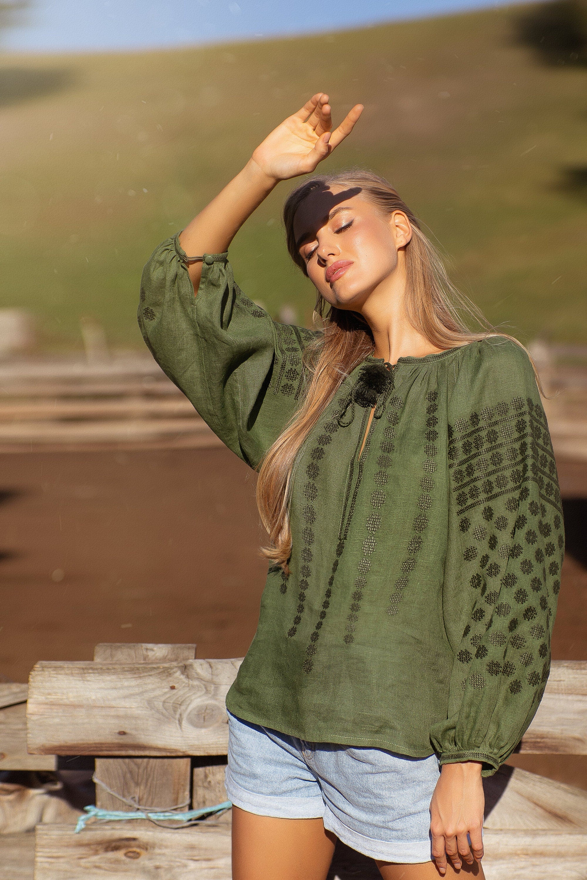 Green Linen Ukrainian Vyshyvanka Blouse Embroidered Women's Top