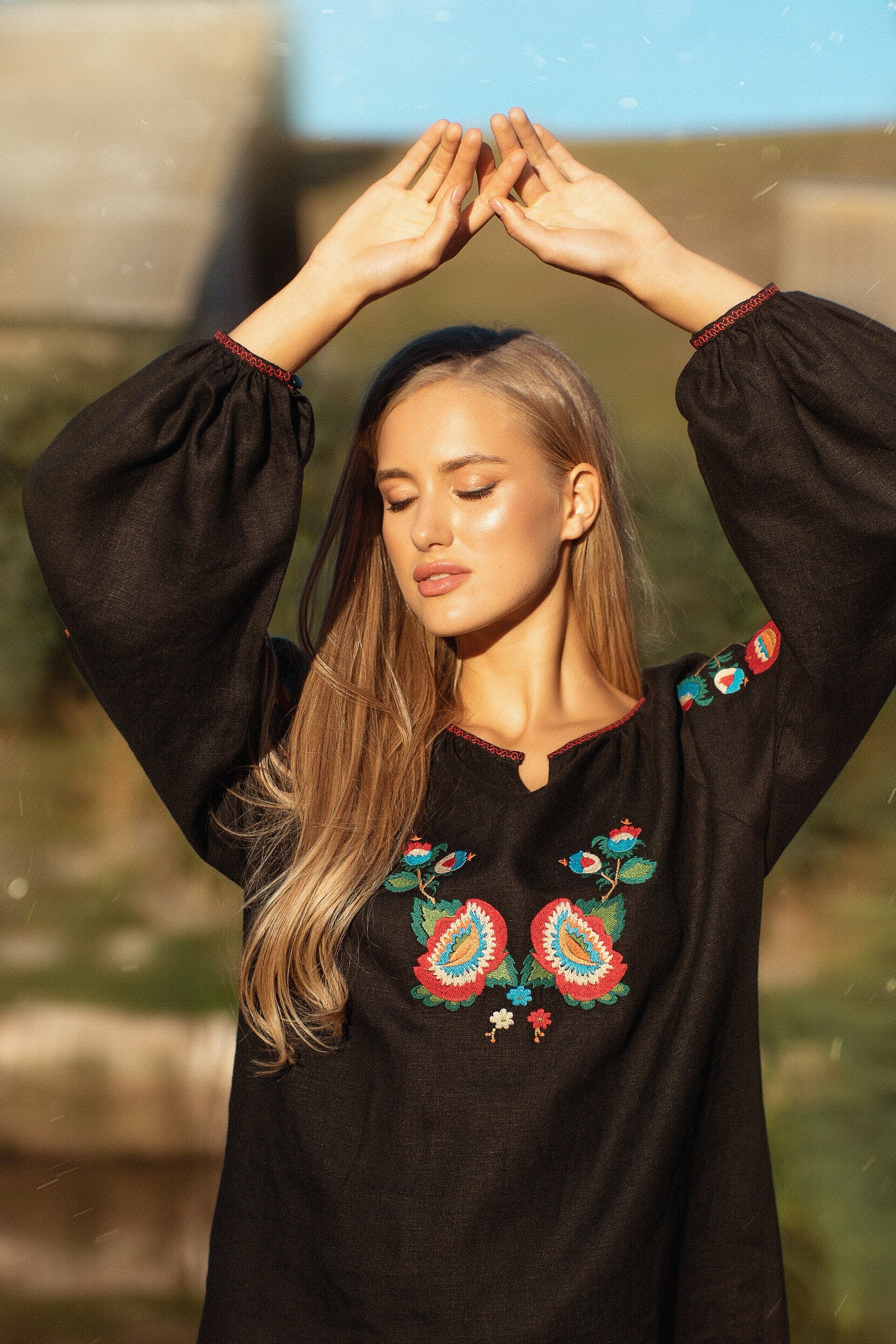 Black Embroidered Ukrainian Vyshyvanka Linen Dress for Women