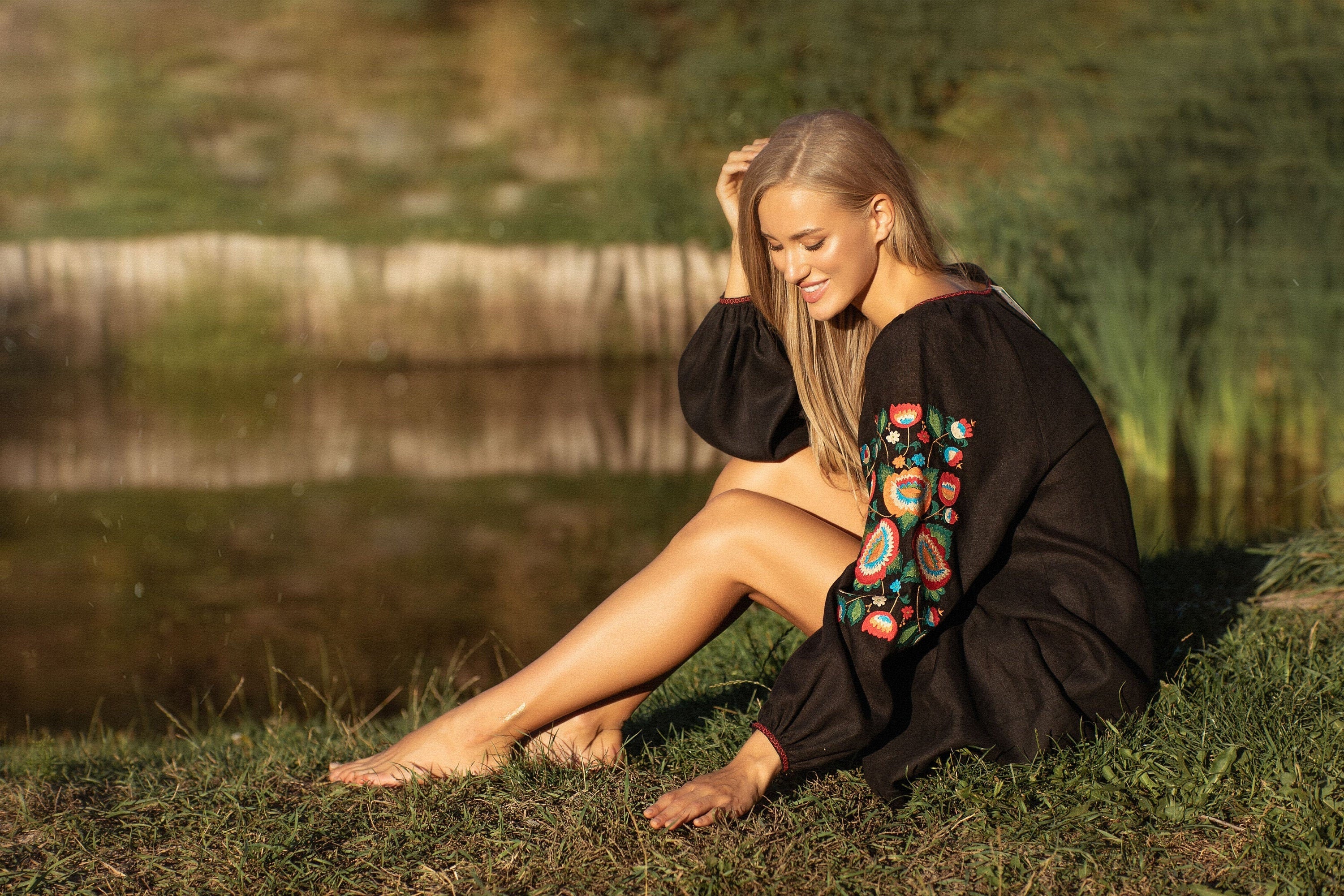 Black Embroidered Ukrainian Vyshyvanka Linen Dress for Women