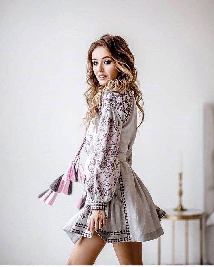 Gray Embroidered linen dress Ukrainian vyshyvanka Dress Ukrainian clothings