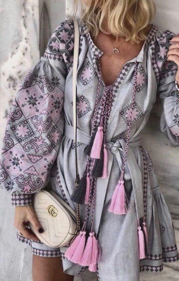 Gray Embroidered linen dress Ukrainian vyshyvanka Dress Ukrainian clothings