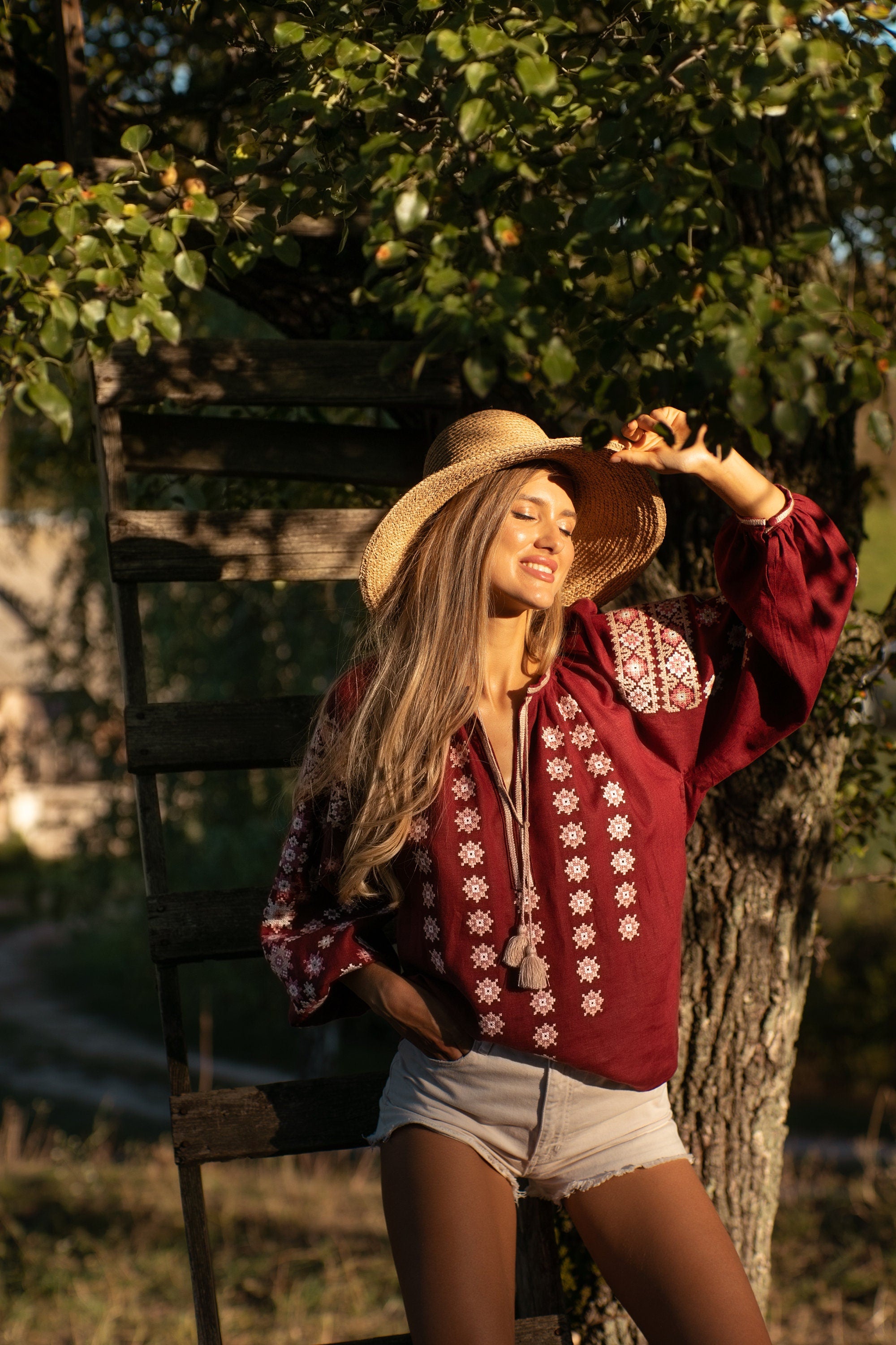 Red Linen Ukrainian Vyshyvanka Blouse - Embroidered Women's Top
