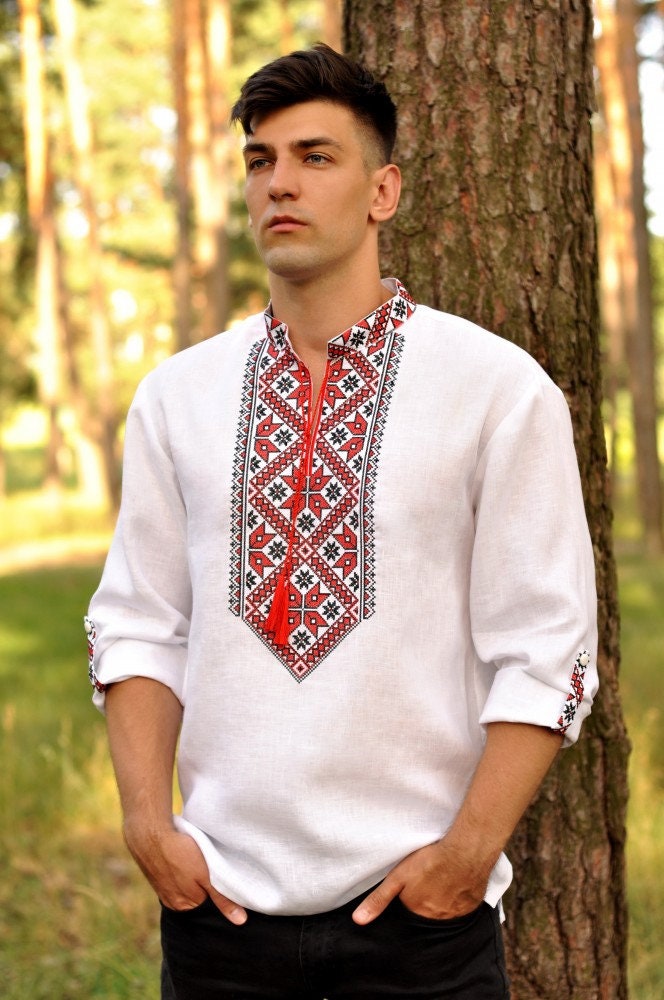 Ukrainian Vyshyvanka Men's Embroidered Shirt with Red and Black Design