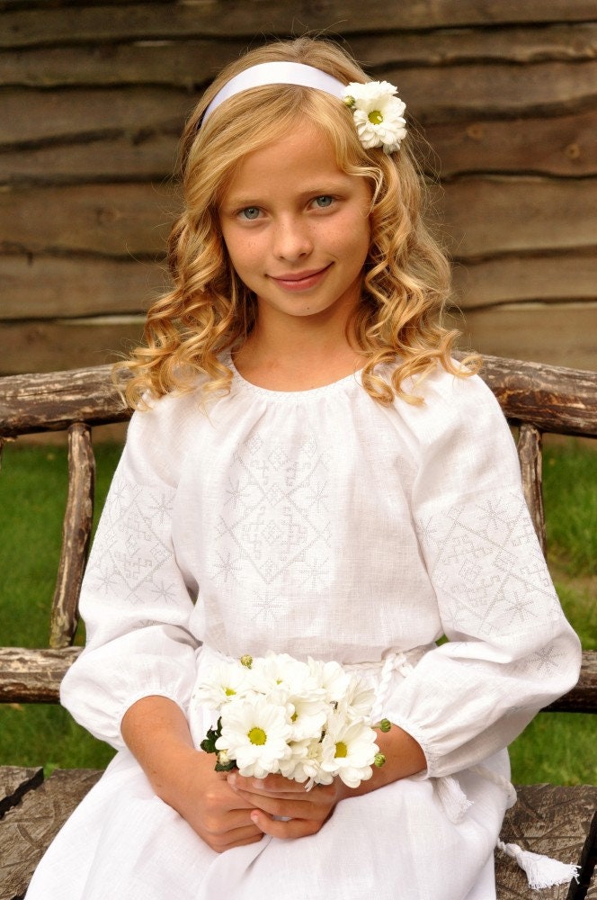 Embroidered White Linen Dress for Girls - Festive Children's Outfit