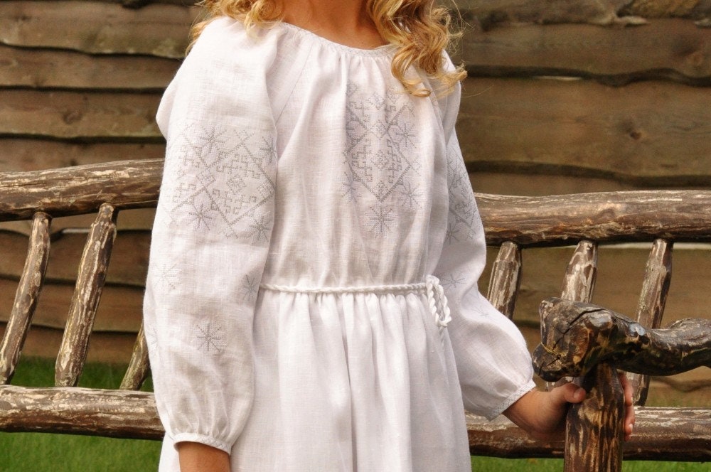 Embroidered White Linen Dress for Girls - Festive Children's Outfit