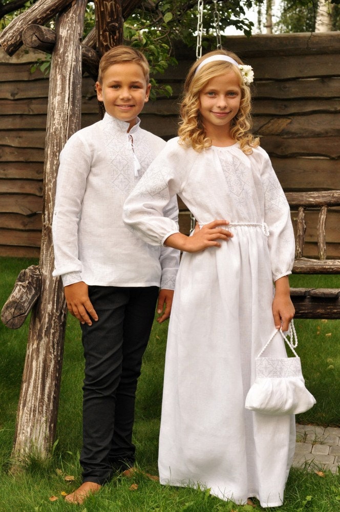 Embroidered White Linen Dress for Girls - Festive Children's Outfit