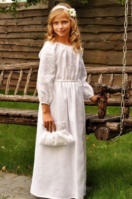 Embroidered White Linen Dress for Girls - Festive Children's Outfit