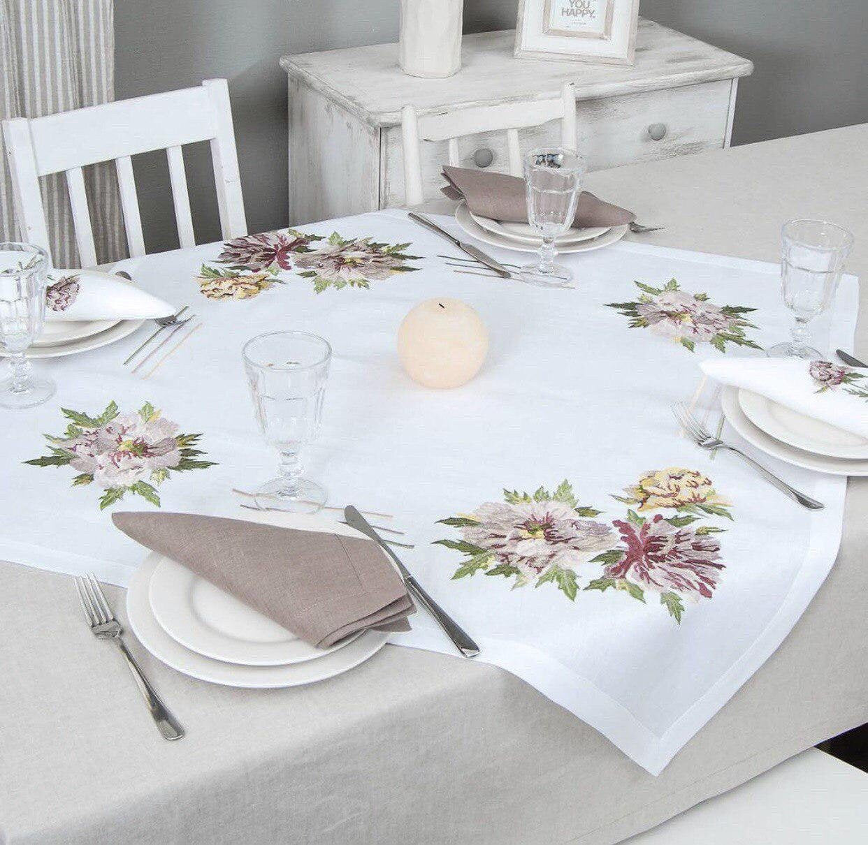 Embroidered Linen Tablecloth 88x88CM - Ukrainian Peonies Design