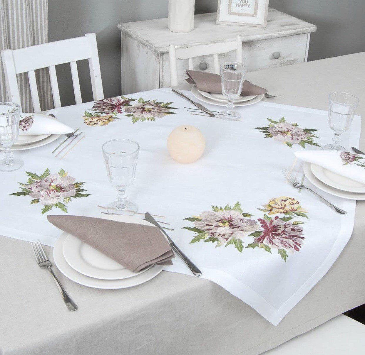 Embroidered Linen Tablecloth 90x90 cm with 4 Peony Napkins - Ukrainian Design