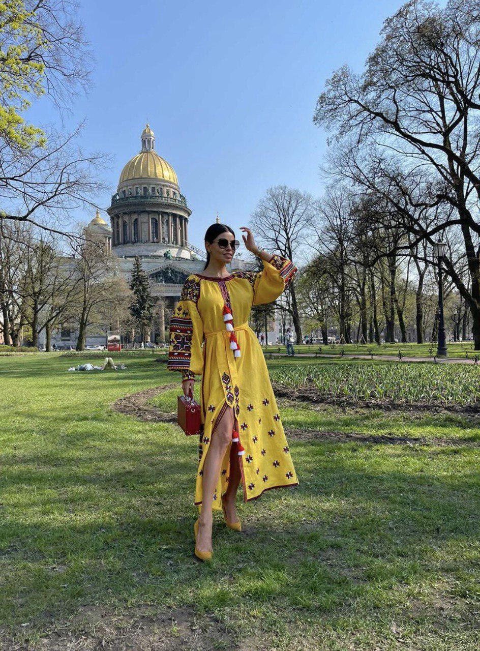 Yellow Embroidered Ukrainian Vyshyvanka Linen Dress - Boho Style