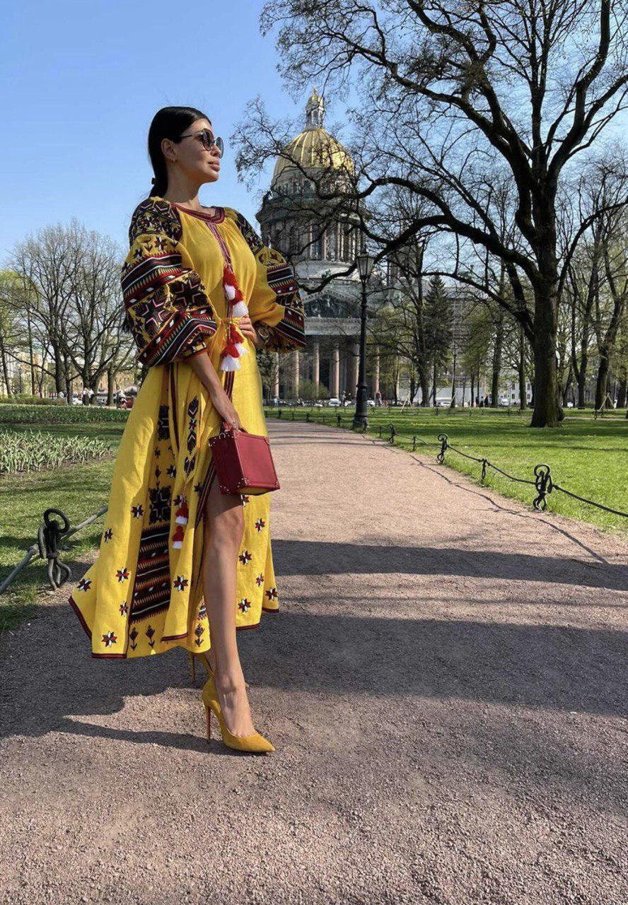 Yellow Embroidered Ukrainian Vyshyvanka Linen Dress - Boho Style